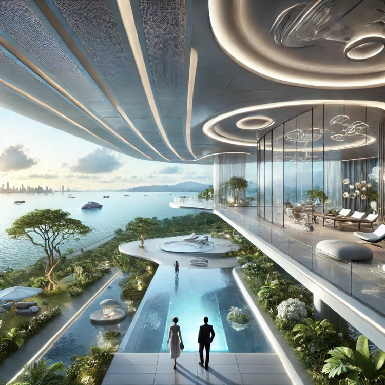 Futuristická rezidence u oceánu – harmonické spojení luxusu, technologie a přírody.